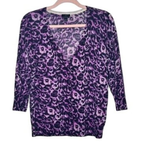 Talbots Italian Merino Wool V-Neck 3/4 Sleeve Leopard Button Cardigan Womens LP - Picture 1 of 8